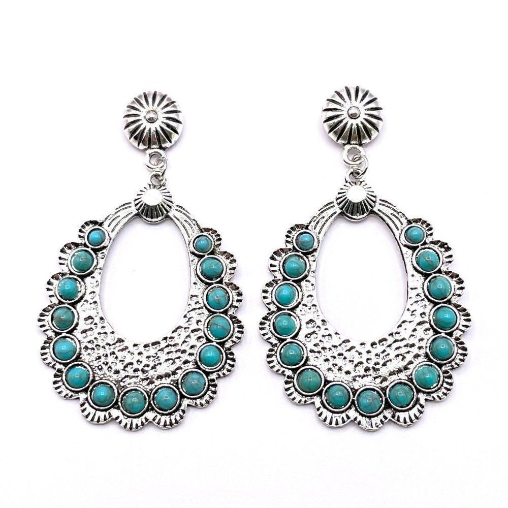 Silver with Turquoise Boho Southwestern Dangling Post Back Earrings